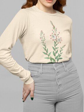 Tarflower Vintage Floral Print Long Sleeve Graphic Tee T-shirt S-XXL